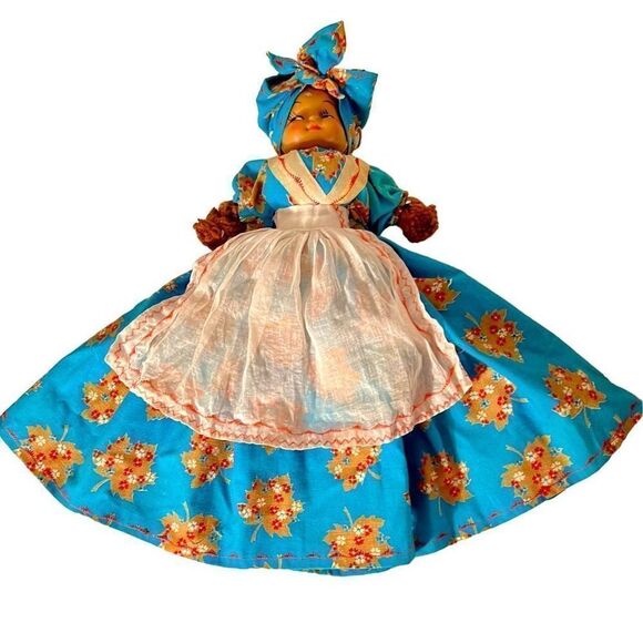 Vintage Hand Made Primitive Doll, Afro-Carribean Apron & Bandana W Gold Earrings - Picture 2 of 11